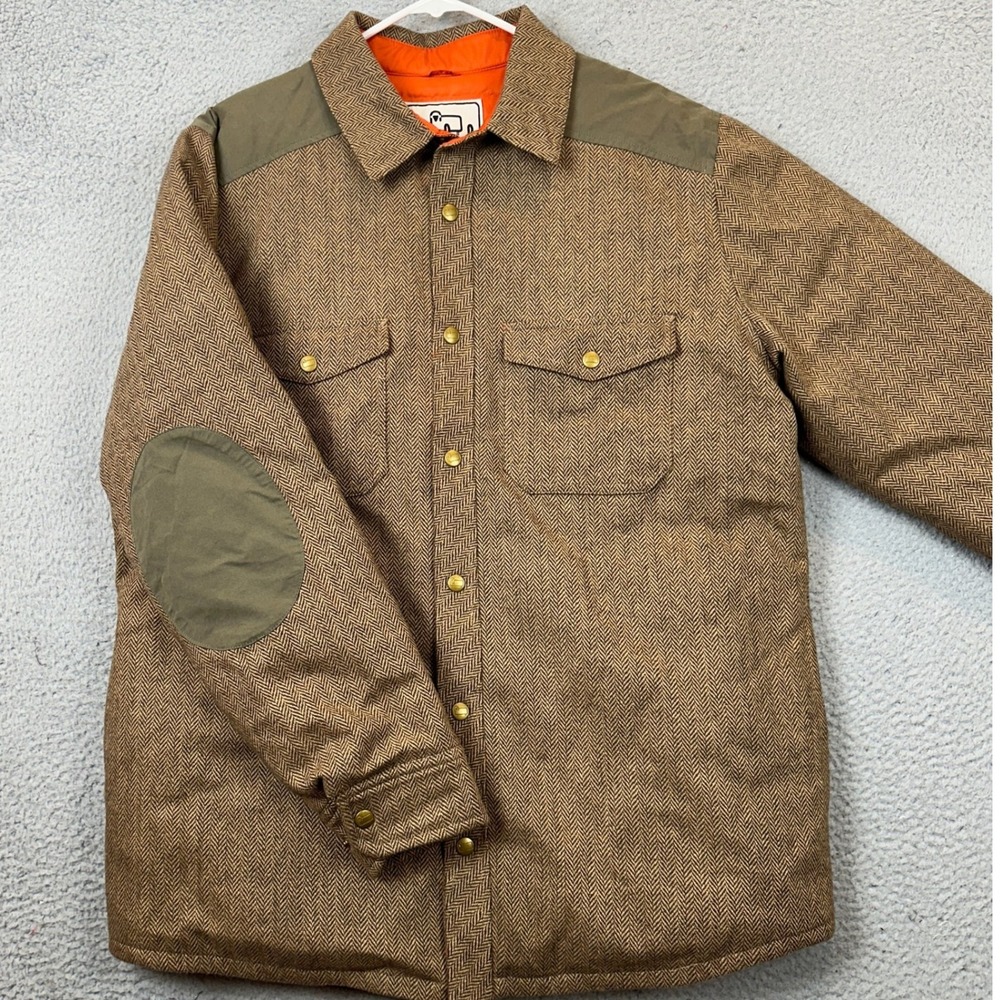 Woolrich Jacket Mens Large Brown Herringbone 550 Fill Down Wool Blend Snap Front